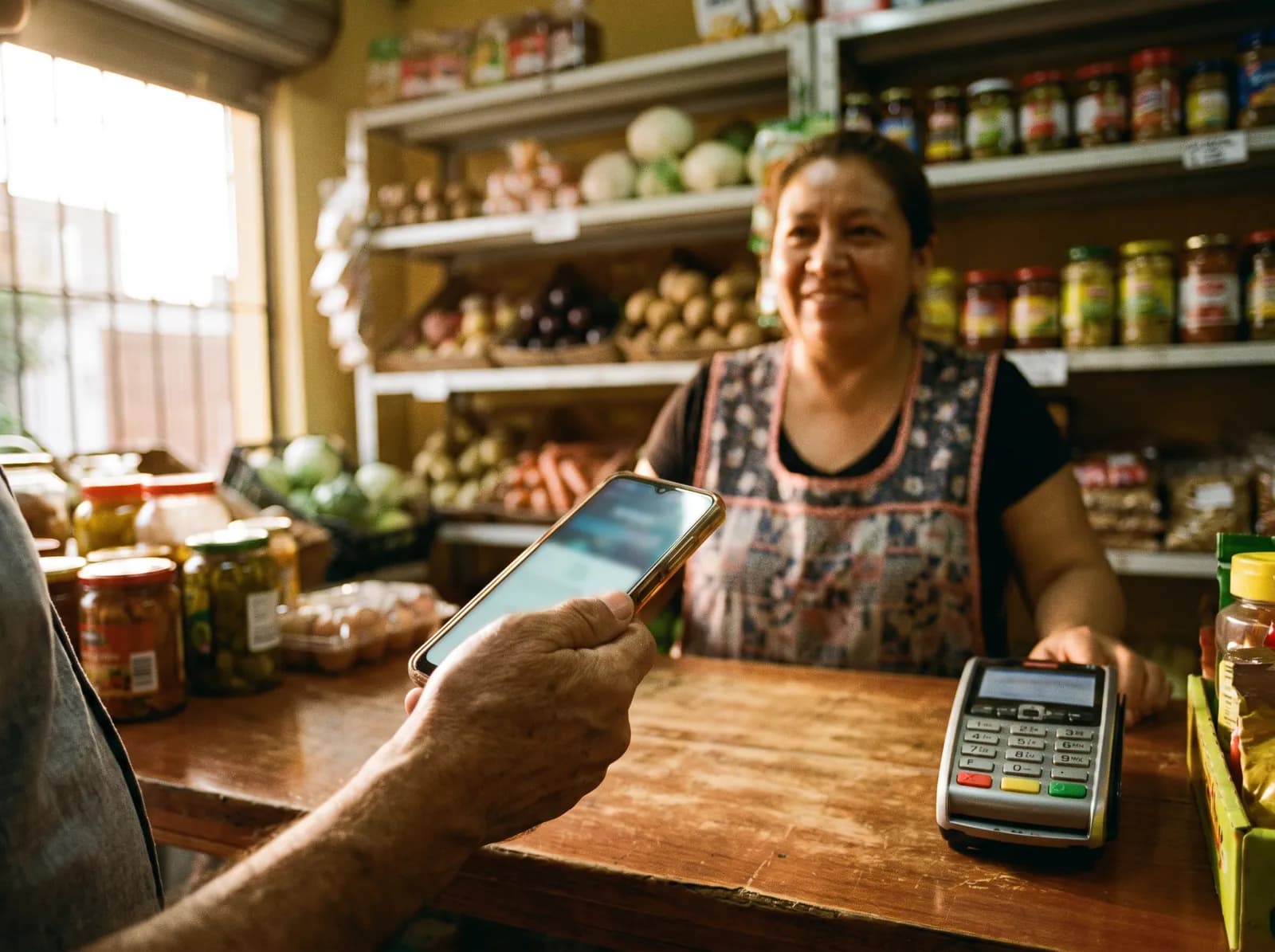 Una persona paga en el mostrador con su teléfono en la mano